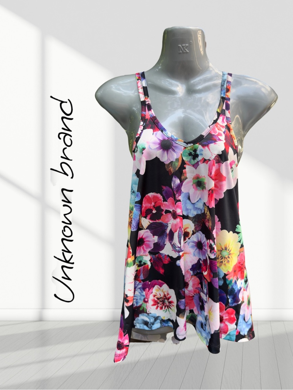 Floral Cross Back Swing Tank Top Sleeveless Black Multicolor Size L